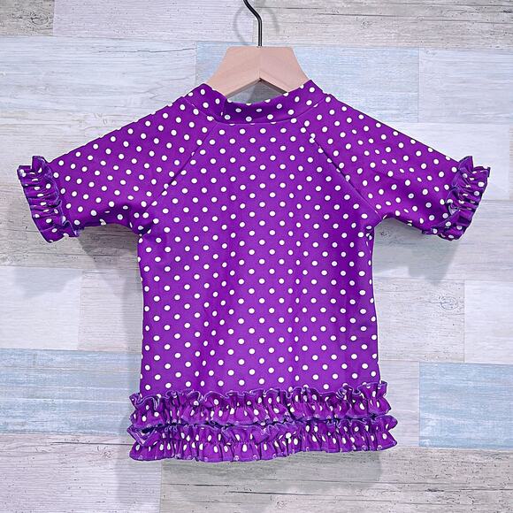 RUFFLEBUTTS 2 Piece Rashguard Swimsuit Purple White Polka Dot Toddler Girl 3T - Picture 3 of 8